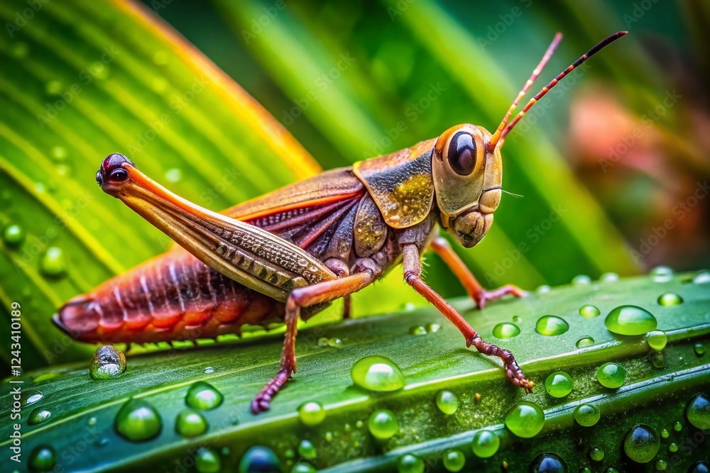 Florida Brown Grasshopper Macro - Closeup on Tropical Leaf Florida Brown Grasshopper Macro - Closeup on Tropical Leaf