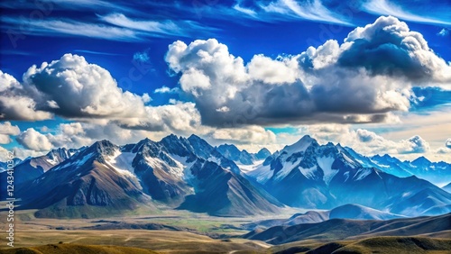 A majestic mountain range stretches across a vast expanse of cerulean sky