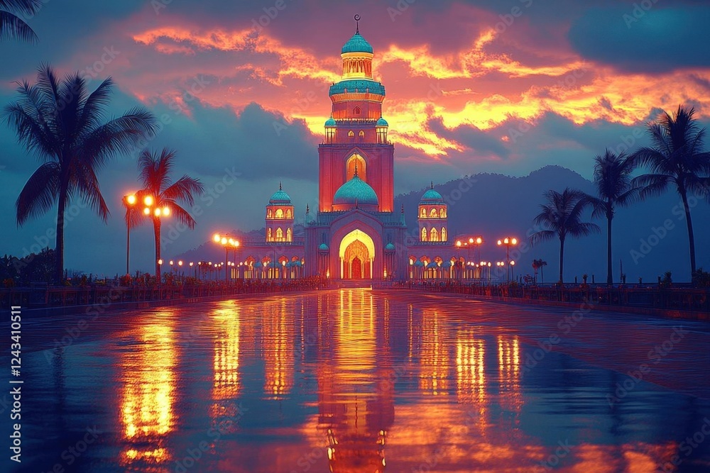 Illuminated Mosque at Sunset with Water Reflection Illuminated Mosque at Sunset with Water Reflection
