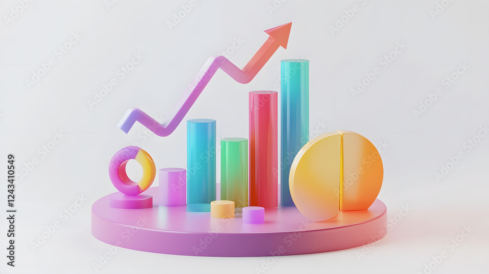 
lying composition 3d icon, UI icon, a chart icon, bar chart has a rising arrow on it, bar chart, pie chart, a rising arrow, frosted glass, transparent, white background, transparent technology sense