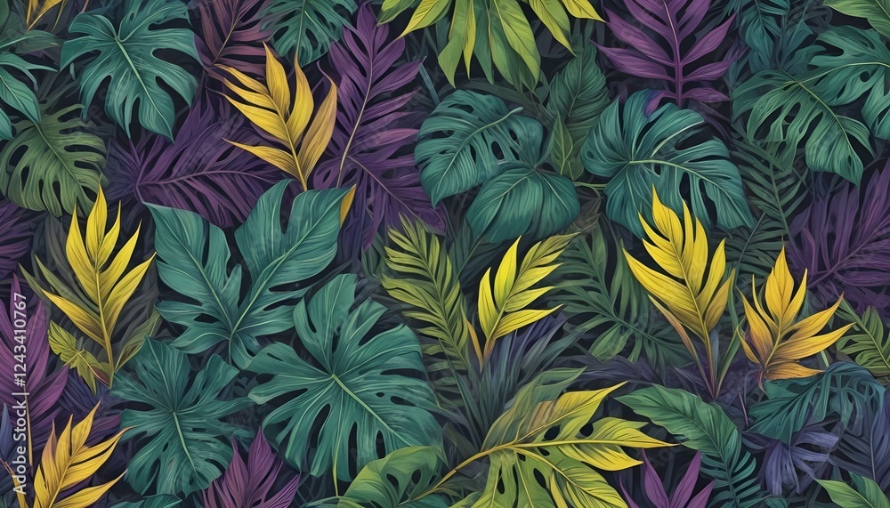 Fototapeta premium Hojas tropicales vibrantes en tonos de verde, amarillo y morado sobre un fondo oscuro, creando un patrón exuberante, exótico y visualmente llamativo