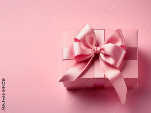 A beautifully wrapped pink gift box with a delicate bow, displayed on a matching pink background, exuding elegance.