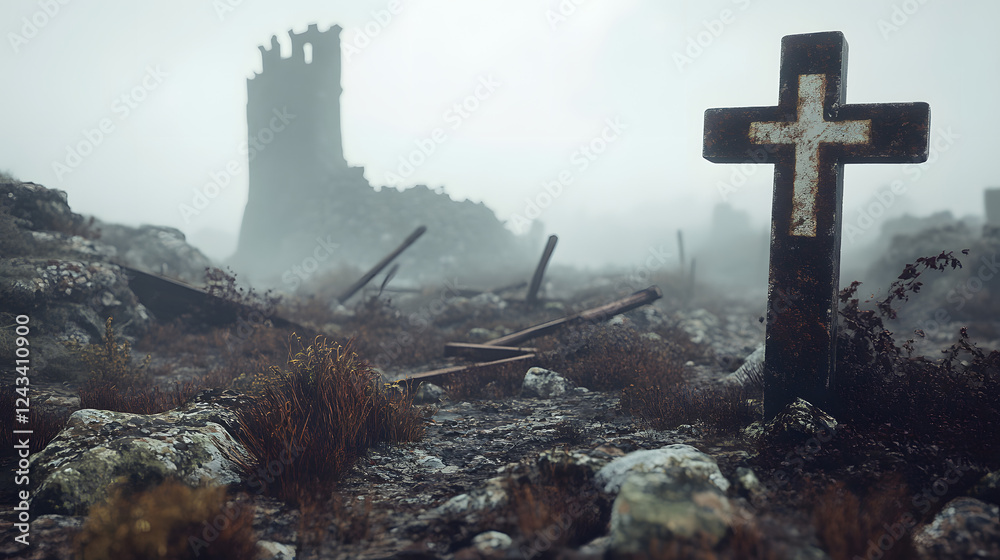Naklejka premium An old gravestone stands amidst the ruins of a battlefield. The ground is littered with rusted weapons, and the remnants of a broken siege tower rise in the distance, covered in fog.