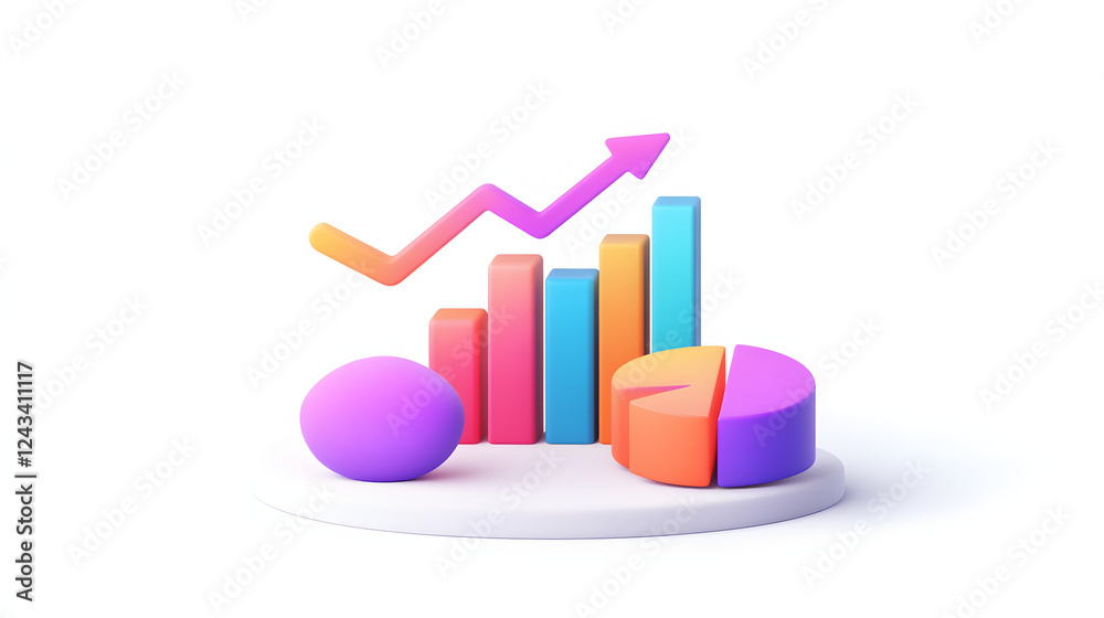 
lying composition 3d icon, UI icon, a chart icon, bar chart has a rising arrow on it, bar chart, pie chart, a rising arrow, frosted glass, transparent, white background, transparent technology sense