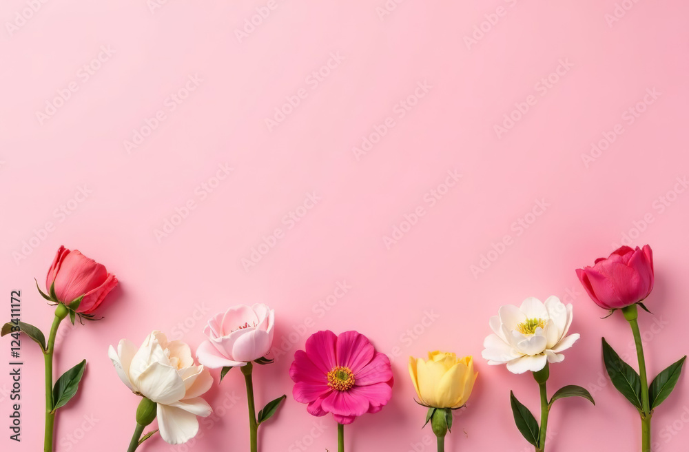 Fototapeta premium Postcard copyspace for text pink background with flowers March 8. AI Generative