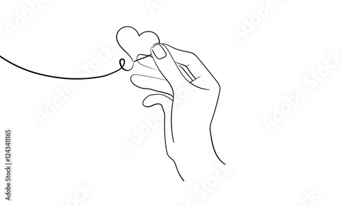 Human arm holding litlle heart line continuous drawn. Hand hold heart in line style. Charity, help, humanity, orphanhood. Vector illustration isolated on white background.