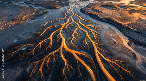 Aerial view of braided river at sunset, Iceland