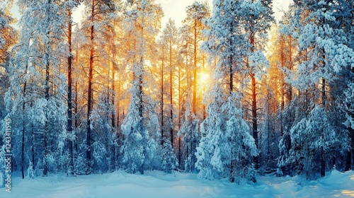 Winter scene showing a beautiful winter forest with tall trees covered in snow and the sun shining through the branches