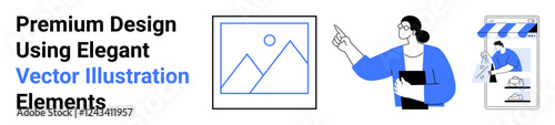 Framed artwork emphasized by confident woman gesturing to elements, paired with an online storefront. Ideal for art, education, e-commerce, professionalism, marketing, digital tools, flat landing