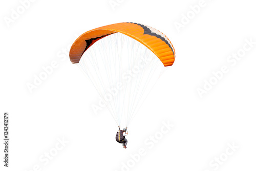 The sportsman flying on a paraglider. Beautiful paraglider in flight on a white background.	