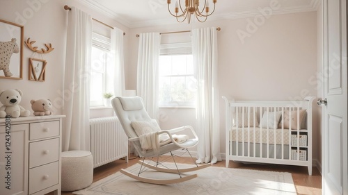 Beautifully designed baby room with a white crib and a cozy rocking chair, cozy, rocking chair, neutral colors