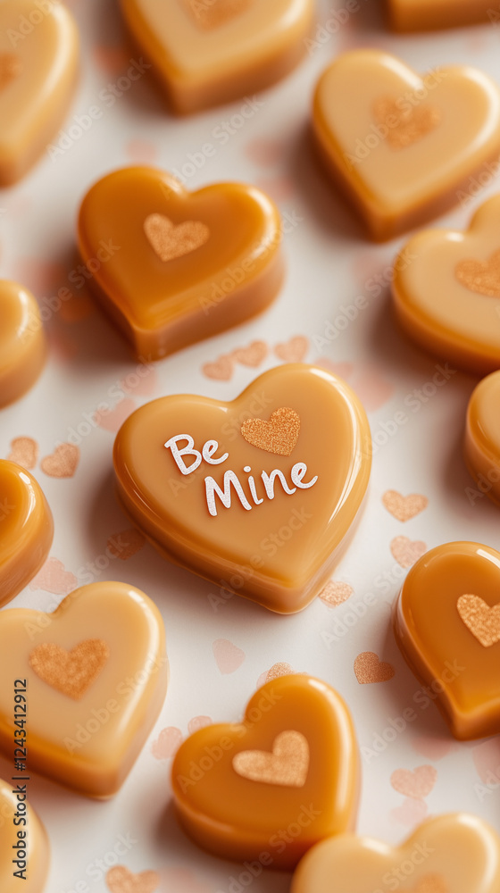 Obraz premium A background of scattered caramel hearts with playful message 