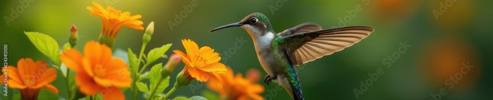Shimmering throat hummingbird sipping nectar from orange flowers, Nature, Beak Shimmering throat hummingbird sipping nectar from orange flowers, Nature, Beak