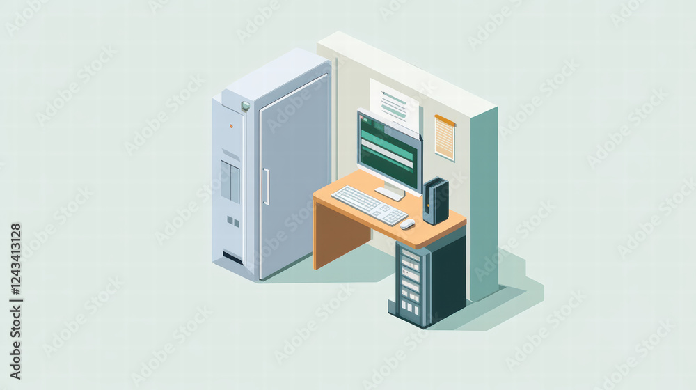 Isometric illustration of computer workstation with server and desk. This secure setup emphasizes organization and efficiency in modern workspace Isometric illustration of computer workstation with server and desk. This secure setup emphasizes organization and efficiency in modern workspace