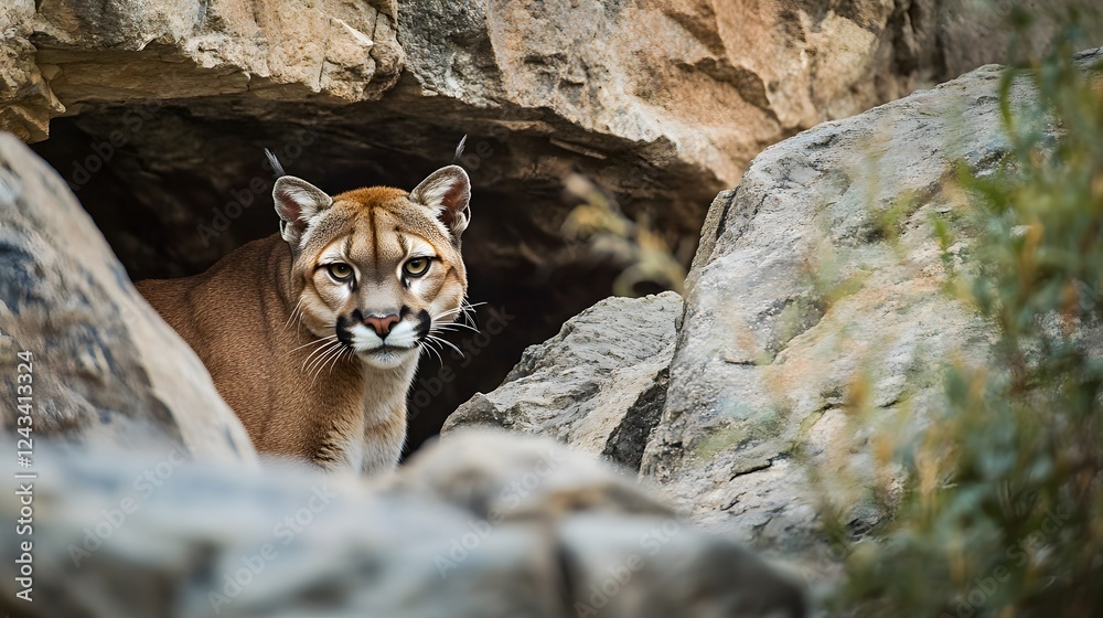 Obraz premium A cougar hiding among rocky cliffs