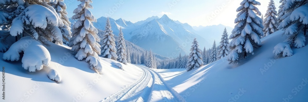 Fototapeta premium Snowy alpine terrain with ski trail winding through trees, winter, alpine