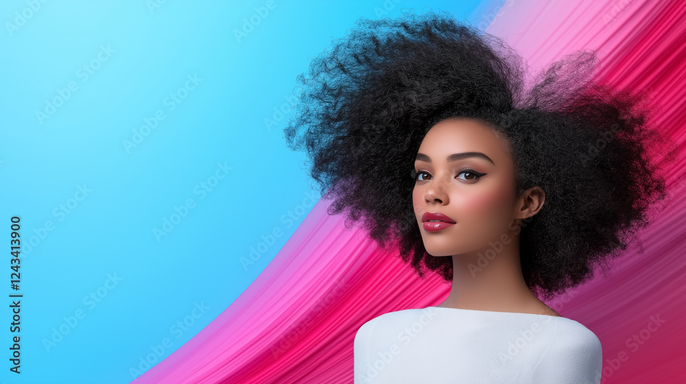 Stylish girl with voluminous curls posing against vibrant abstract background Stylish girl with voluminous curls posing against vibrant abstract background