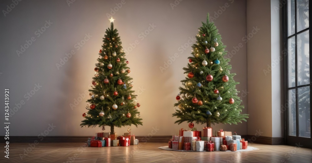 Spruce Christmas tree with ornaments and lights, spruce christmas tree, snowflake decorations, evergreen tree Spruce Christmas tree with ornaments and lights, spruce christmas tree, snowflake decorations, evergreen tree