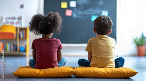 Two younger children are seated on floor cushions in a classroom, engaged in a captivating story while secretly chatting with each other.