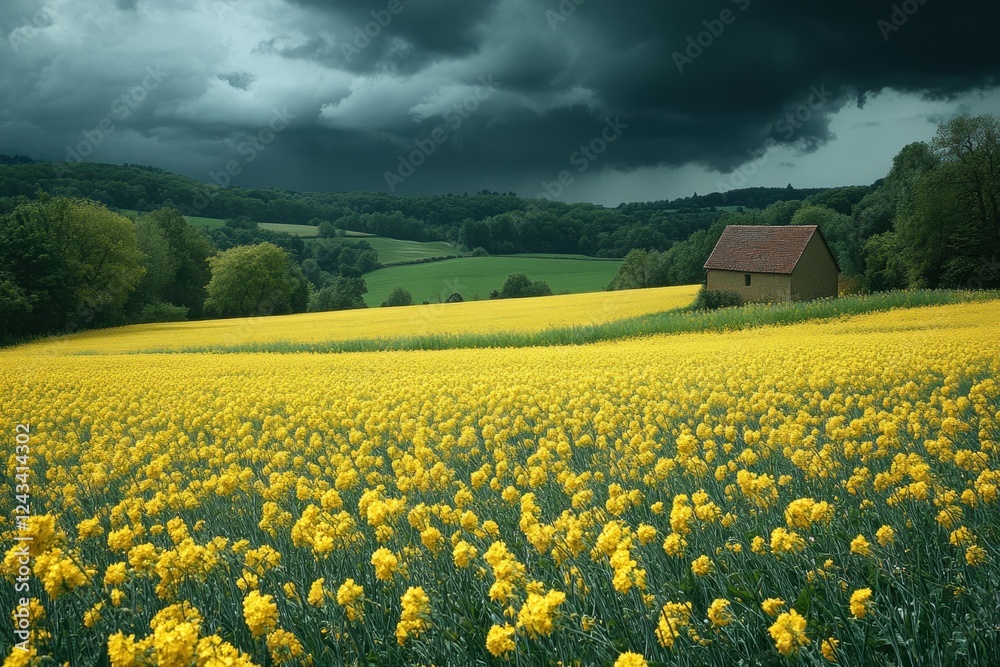 Landscape with a rapeseed field in spring, winner of the Rlisten landscape stock photo contest, with natural colors and a cloudy sky. Landscape with a rapeseed field in spring, winner of the Rlisten landscape stock photo contest, with natural colors and a cloudy sky.
