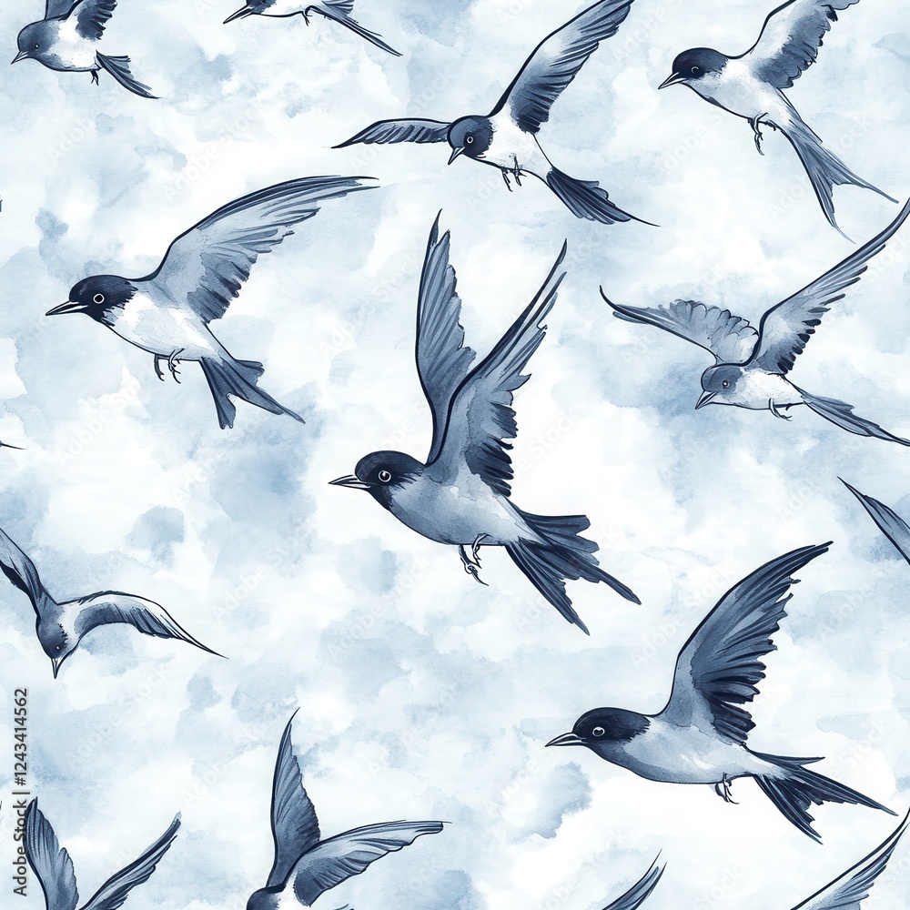 Obraz premium Intricate doodle watercolor pattern featuring flying swallows in soft gray and deep navy tones against a light sky-blue background