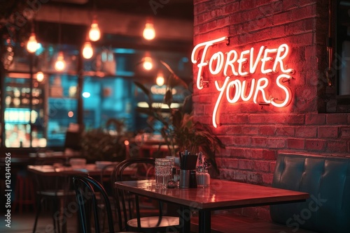 Vibrant neon sign illuminates a cozy cafe interior decorated with warm lights and comfortable seating photo