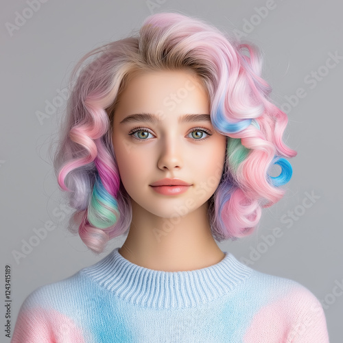 Trendy girl with pastel colored curly hair showcasing vibrant style in a bright setting