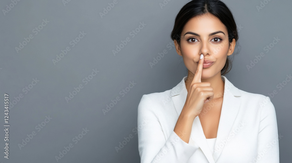Young indian businesswoman in white formal wear and covering lips with finger, making silent sign Young indian businesswoman in white formal wear and covering lips with finger, making silent sign