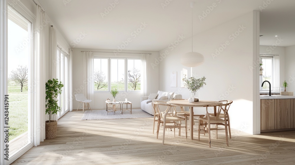 Fototapeta premium Bright Minimalist Open Plan Living Room and Dining Area