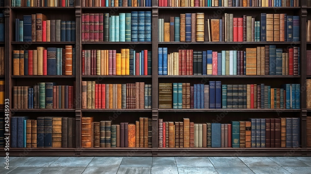 Collage template banner of a large bookcase filled with books in a home interior Collage template banner of a large bookcase filled with books in a home interior