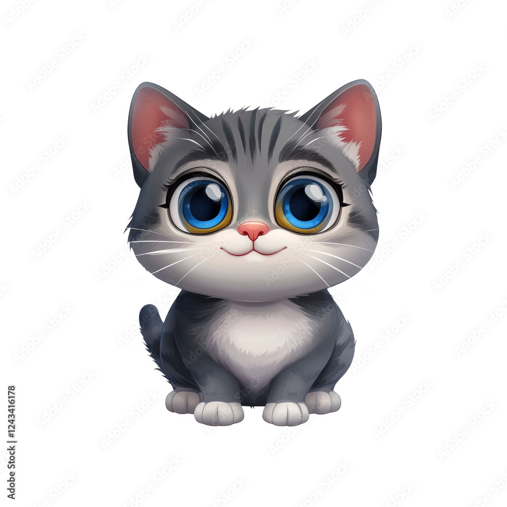 Fototapeta premium Adorable Gray Kitten with Big Blue Eyes - Cartoon Style Illustration