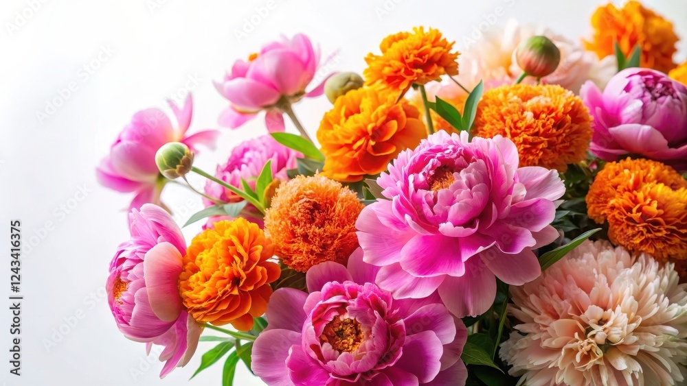 Delicate pink peonies and orange marigolds in a lush arrangement against a soft white background, orange flowers, vibrant colors Delicate pink peonies and orange marigolds in a lush arrangement against a soft white background, orange flowers, vibrant colors