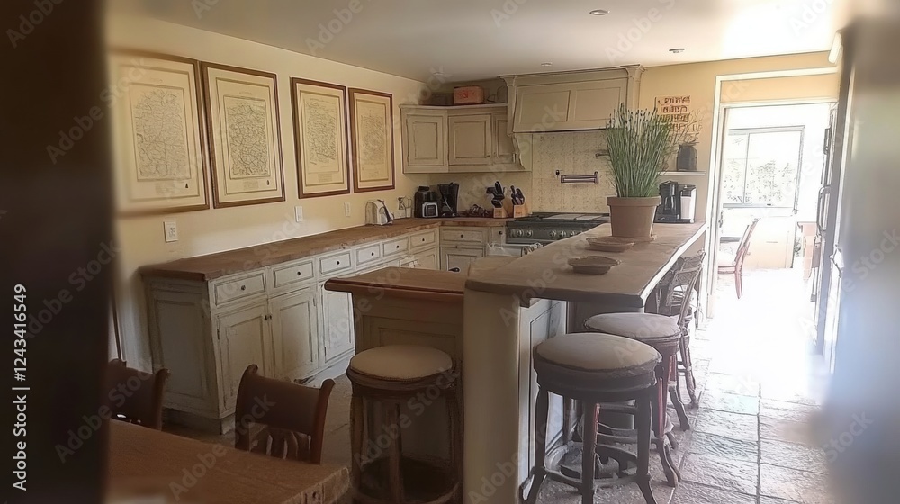 Fototapeta premium Bright Creamy Kitchen Interior Design with Wooden Island and Bar Stools