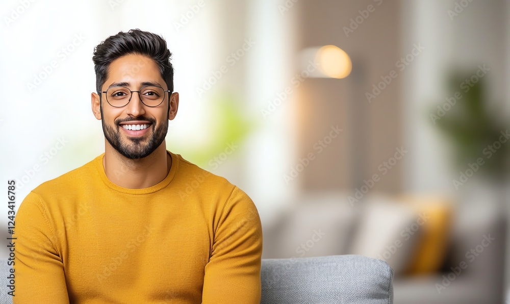 A cheerful young man in a vibrant yellow sweater smiling at the camera, sitting comfortably in a modern living space filled with soft lighting and stylish decor.