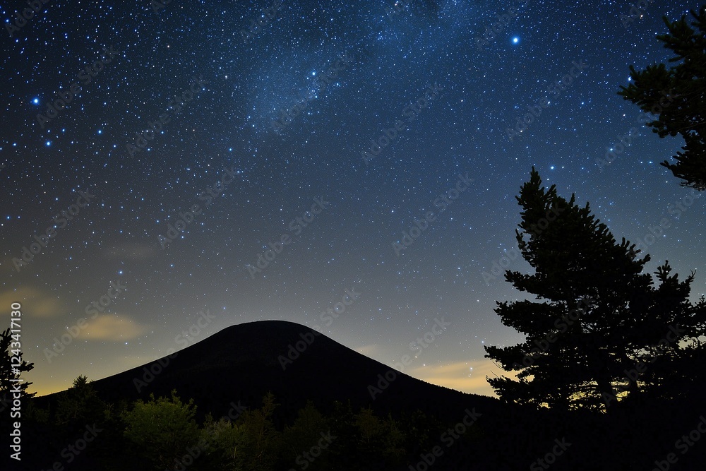 Naklejka premium Starry Night Sky Over Mountain Silhouette with Twinkling Stars and Dense Forest in Foreground: Awe-Inspiring Grandeur and Tranquility of Nature