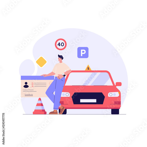 Man learning to drive a car on driver course. Auto school test. Concept of driving school, driver’s license, driving exam or practice. Vector illustration in flat design for web banner, mobile app