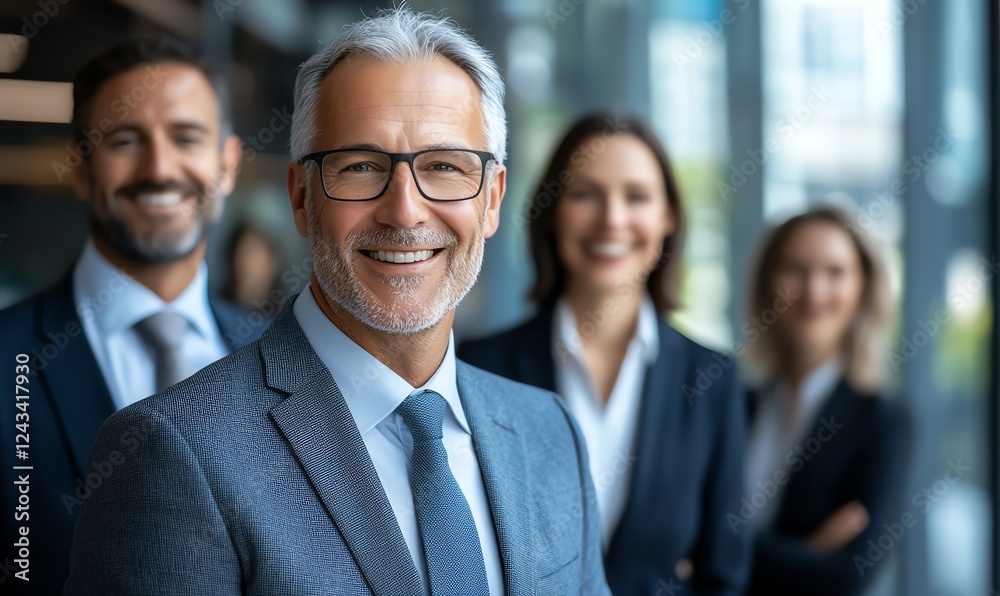 A confident senior businessman smiles while standing in the foreground with colleagues behind him A confident senior businessman smiles while standing in the foreground with colleagues behind him