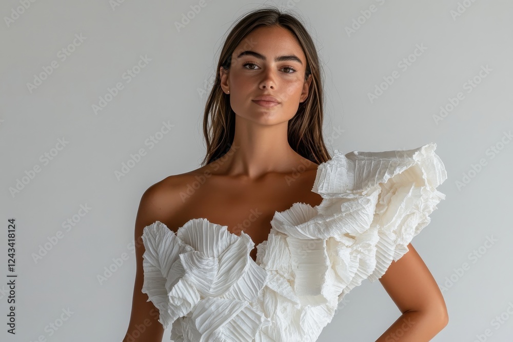 This image captures a chic model wearing a unique ruffle design, effectively portraying beauty, elegance, and innovation through captivating styling and poised expression. This image captures a chic model wearing a unique ruffle design, effectively portraying beauty, elegance, and innovation through captivating styling and poised expression.