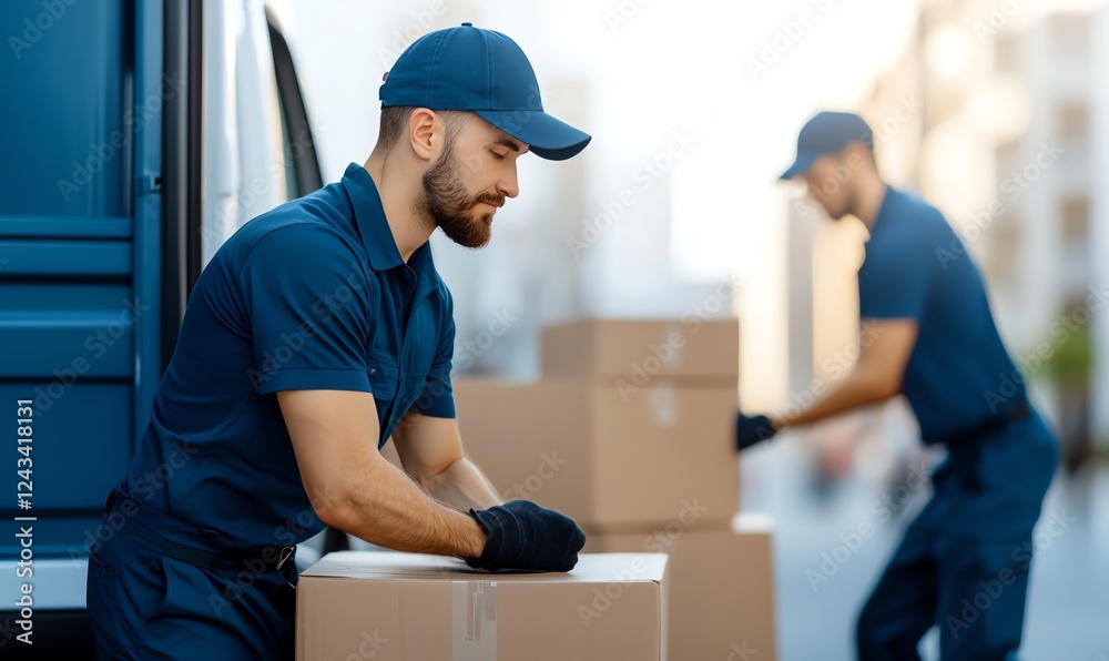 A dedicated delivery worker organizes boxes for efficient shipping. The scene captures the essence of logistics and teamwork in a bustling urban environment. A dedicated delivery worker organizes boxes for efficient shipping. The scene captures the essence of logistics and teamwork in a bustling urban environment.