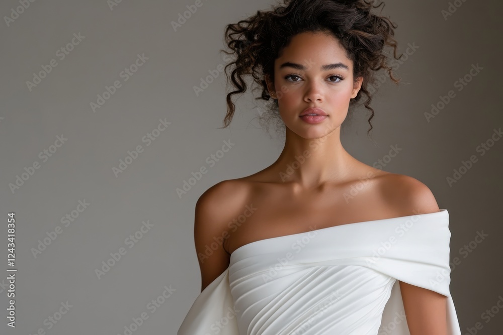 A stunning model showcases elegant white draping, illuminating her natural beauty and emphasizing the seamless blend of fabric and form in an artful and sophisticated style. A stunning model showcases elegant white draping, illuminating her natural beauty and emphasizing the seamless blend of fabric and form in an artful and sophisticated style.
