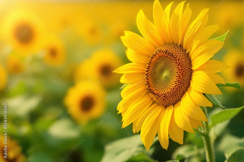 Close-up of a vibrant sunflower in full bloom with a blurred background of a sunflower field. Warm sunlight enhances the golden petals. Ai generative Close-up of a vibrant sunflower in full bloom with a blurred background of a sunflower field. Warm sunlight enhances the golden petals. Ai generative