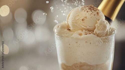 Festive Champagne Ice Cream Float, bokeh background