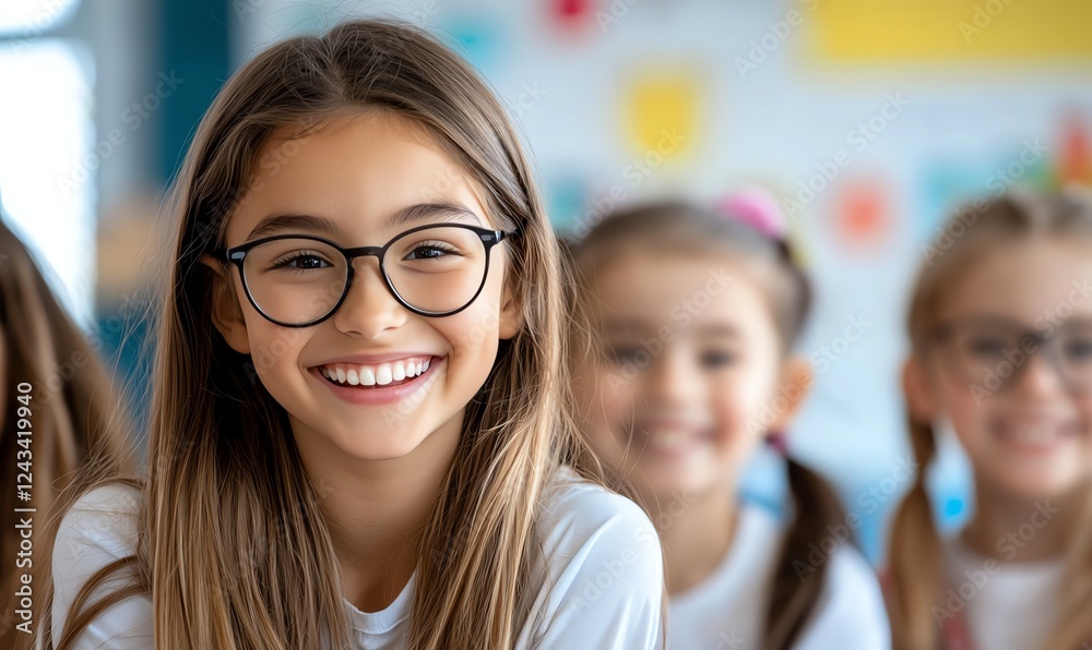 A joyful girl with glasses smiles in a classroom, surrounded by her friends. The scene captures the essence of happiness, friendship, and learning among school children. A joyful girl with glasses smiles in a classroom, surrounded by her friends. The scene captures the essence of happiness, friendship, and learning among school children.