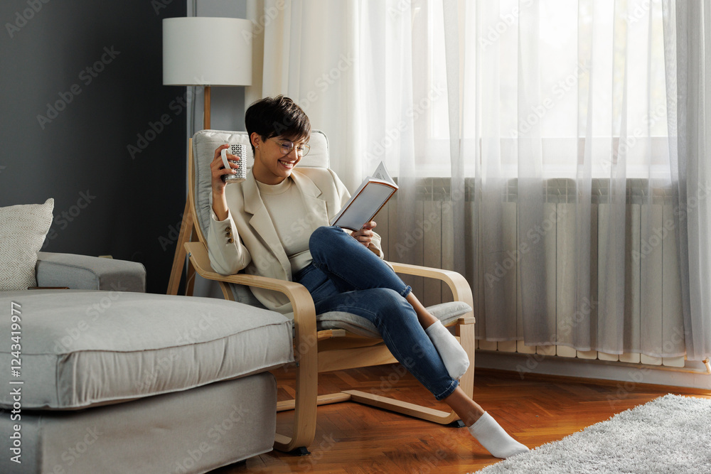 Woman reading a book and drinking coffee in a cozy living room Woman reading a book and drinking coffee in a cozy living room