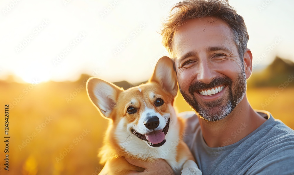 A joyful moment captured between a man and his corgi in a sunny field, showcasing the bond of companionship and the happiness pets bring to our lives. A joyful moment captured between a man and his corgi in a sunny field, showcasing the bond of companionship and the happiness pets bring to our lives.