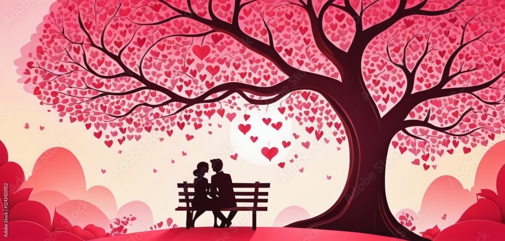 love an valentine day, loving couple under tree, greeting card paper cut art style. content with vector application and program advance tools, multi layers and groups, not image trace from bitmao.