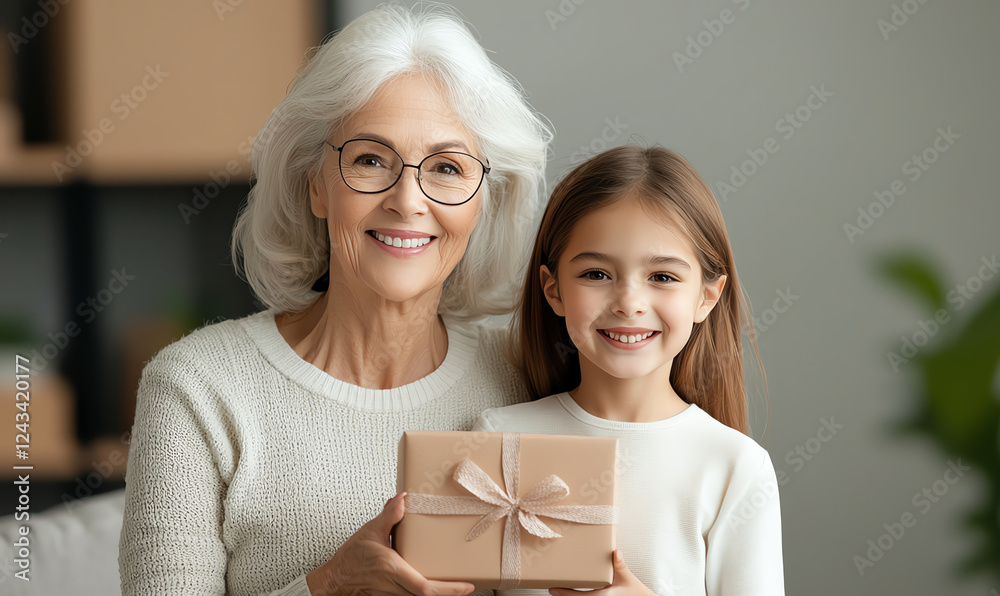 A joyful moment shared between a grandmother and her granddaughter, both smiling as they present a gift together. This heartwarming scene captures love and family connection. A joyful moment shared between a grandmother and her granddaughter, both smiling as they present a gift together. This heartwarming scene captures love and family connection.