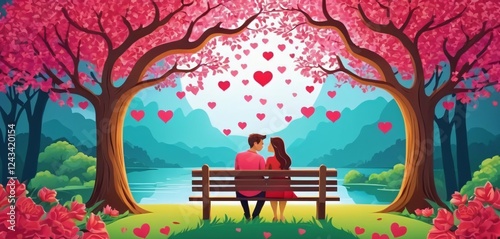 Obraz na płótnie love an valentine day, loving couple under tree, greeting card paper cut art style. content with vector application and program advance tools, multi layers and groups, not image trace from bitmao. w salonie