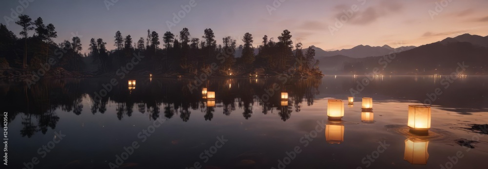 Fototapeta premium The soft glow of lanterns reflected on the surface of a quiet lake, reflection, calm