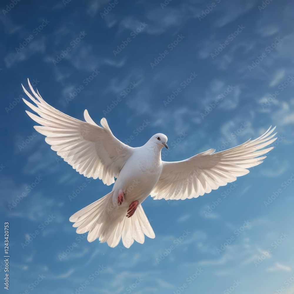 The sun casts a warm glow over a white dove as it flies against a bright blue backdrop, light, warmth, feather The sun casts a warm glow over a white dove as it flies against a bright blue backdrop, light, warmth, feather